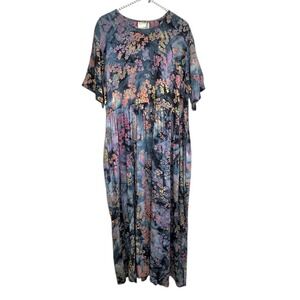 Vintage Bits & Pieces Maxi Dress OS One Size  Blue Floral Boho Cottage Flowy USA